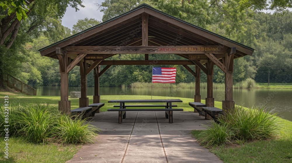 American Flag adorning Park Pavilion under Clear Blue Sky in United States American Flag adorning Park Pavilion under Clear Blue Sky in United States
