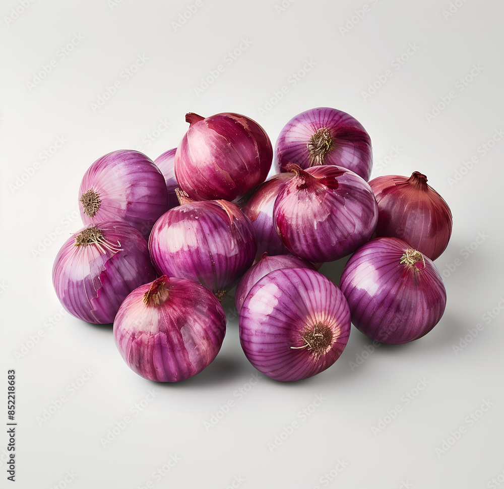Pile of onions were heaped together. A giant pink shallot on white background Pile of onions were heaped together. A giant pink shallot on white background
