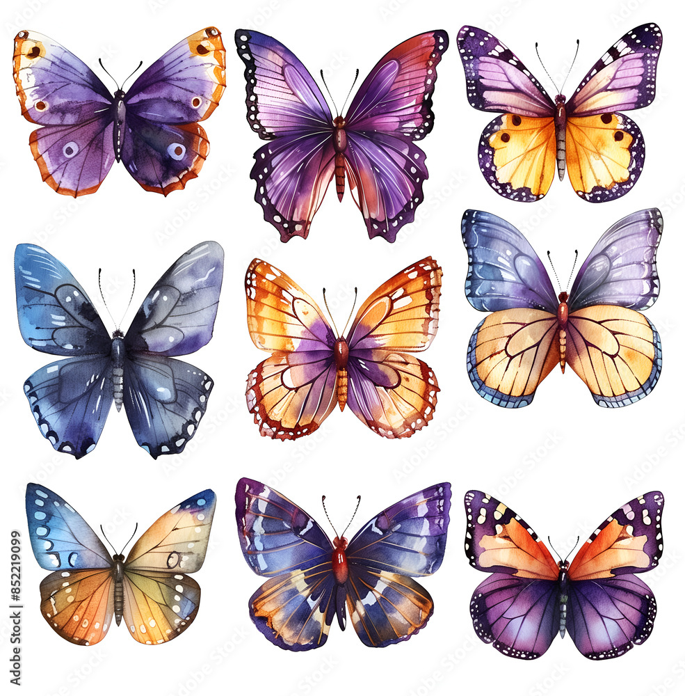 Watercolor of various butterflies, clip art set on a white background Watercolor of various butterflies, clip art set on a white background