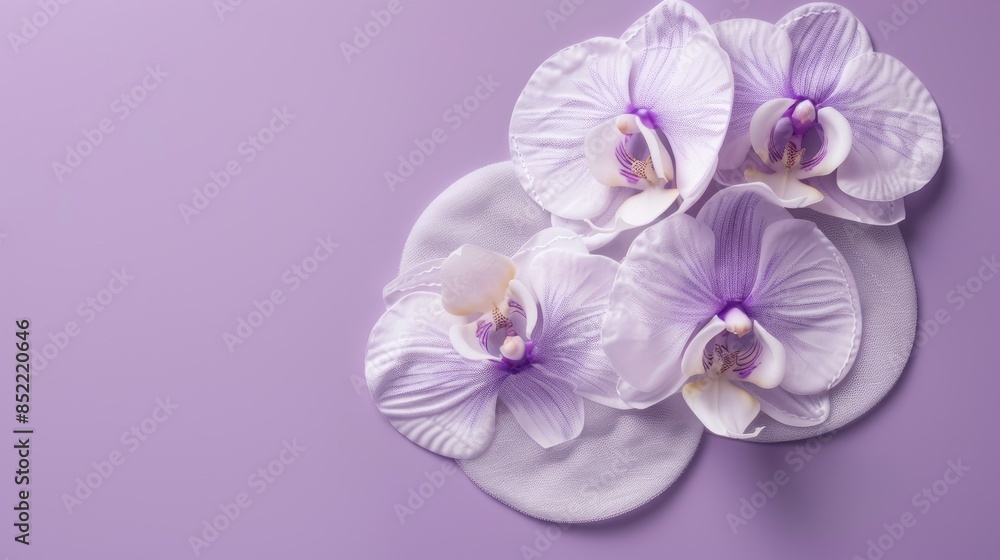 Obraz premium Disposable cotton breast pads featuring an orchid flower design against a violet backdrop for managing milk leakage in breastfeeding mothers