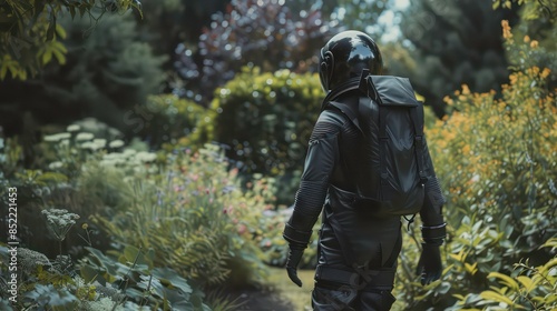 A man wearing a black futuristic astronaut suit exploring the garden. Generative AI