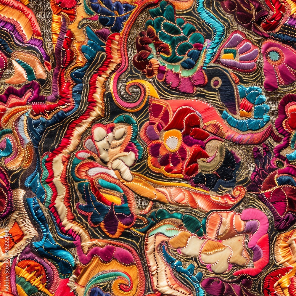 Fototapeta premium Close-up photographs of the intricate weaving and vibrant colors of luxurious silk tapestries, highlighting the craftsmanship involved, perfect for an art or textile publication