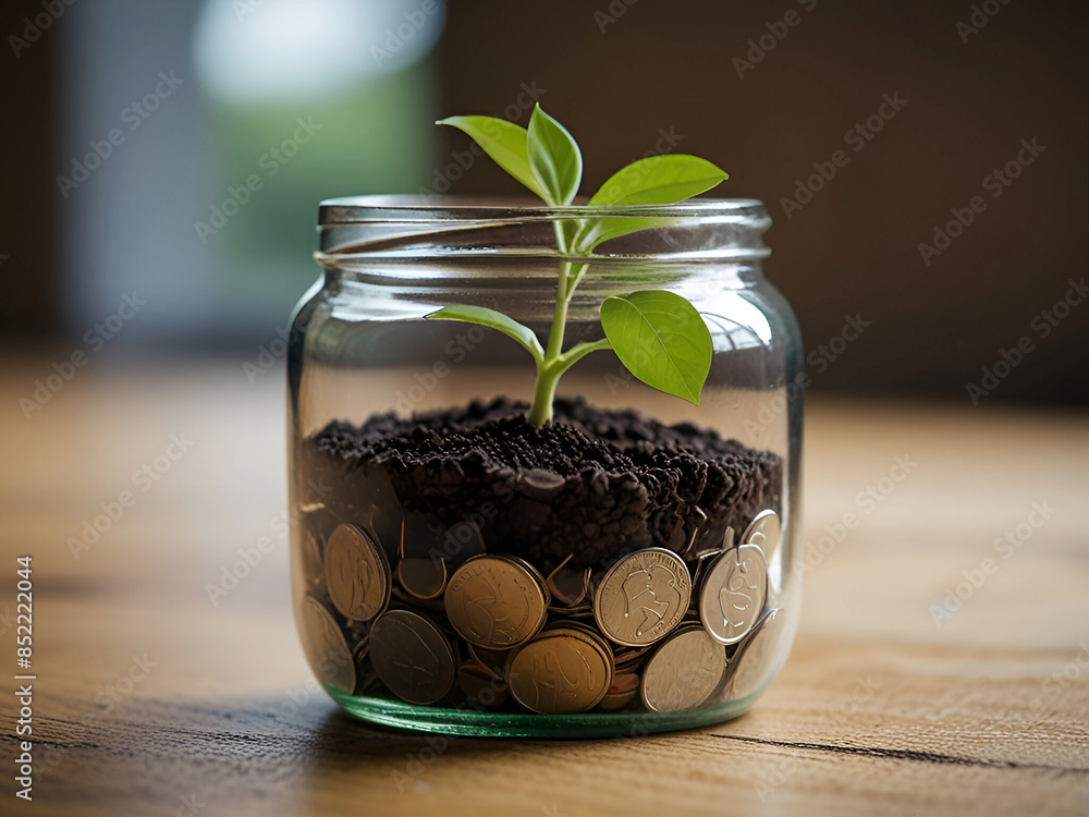 Green plant growth in coin jar. Ai generative Green plant growth in coin jar. Ai generative