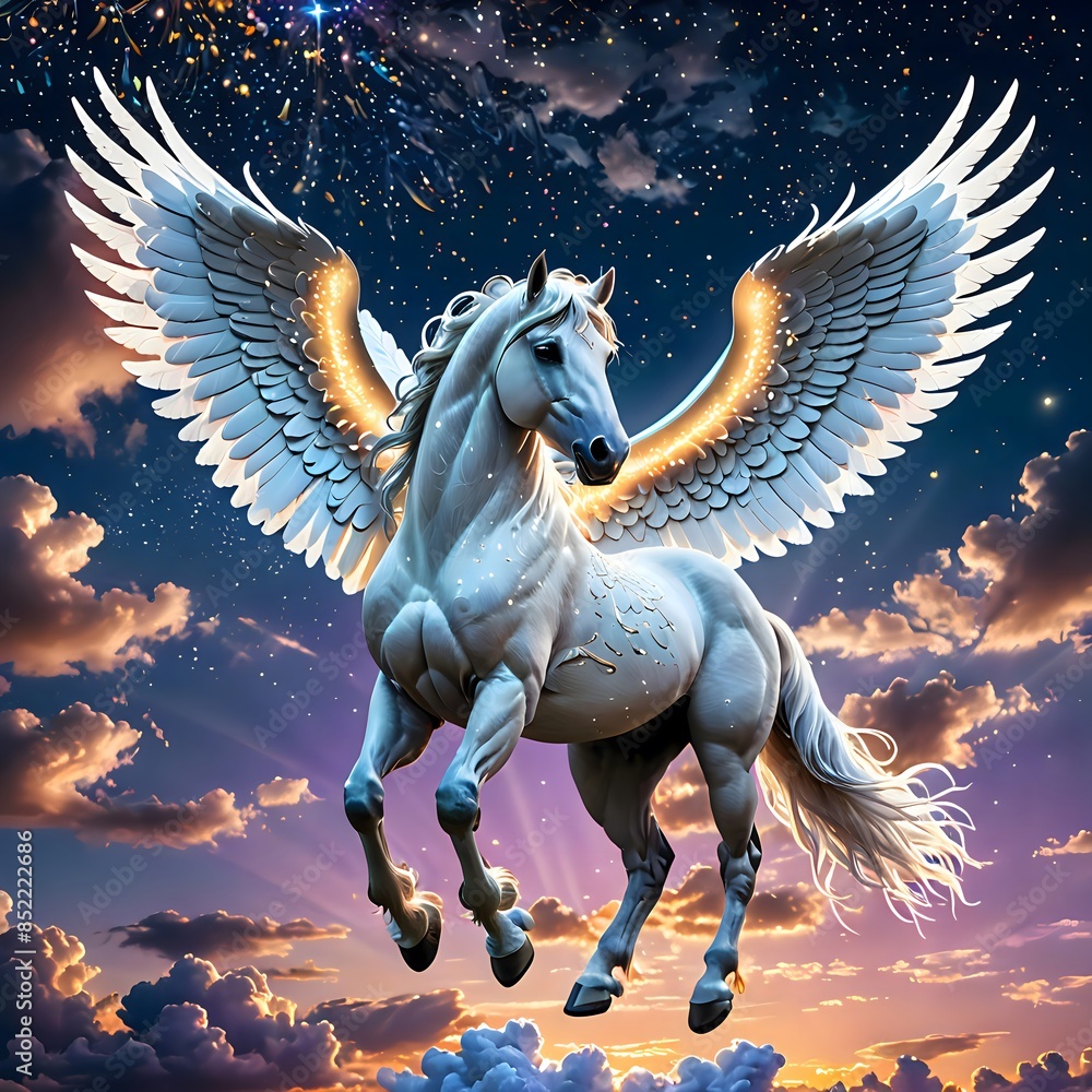 White Pegasus Soaring Through a Starry Sky White Pegasus Soaring Through a Starry Sky