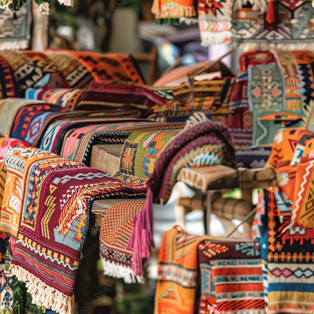 A vibrant display at a local market featuring colorful woven rugs, each showcasing traditional patterns and techniques passed down through generations, perfect for a cultural heritage magazine piece A vibrant display at a local market featuring colorful woven rugs, each showcasing traditional patterns and techniques passed down through generations, perfect for a cultural heritage magazine piece