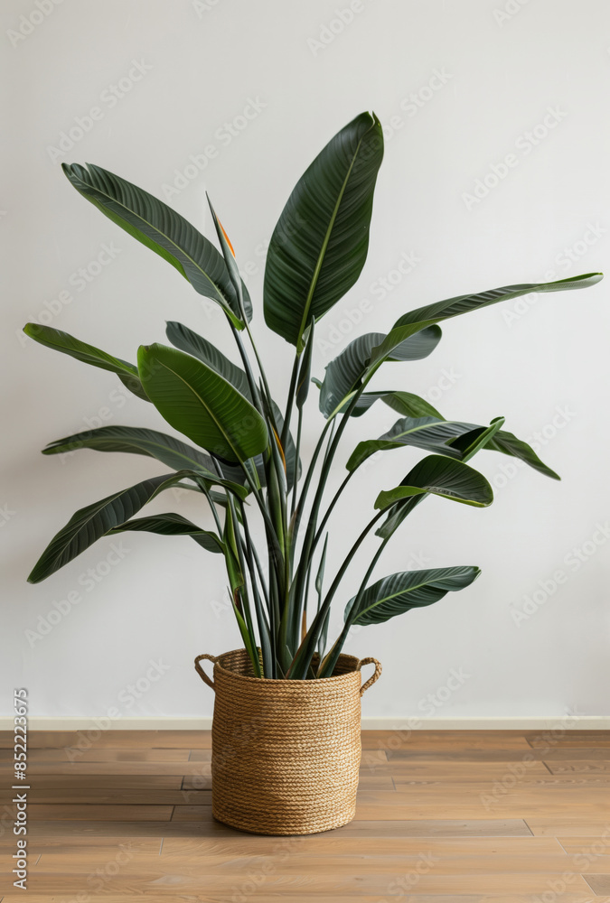 House palm tree flower with green leaves in a wicker basket. House palm tree flower with green leaves in a wicker basket.
