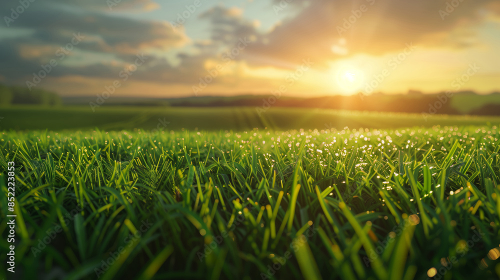 A close-up of lush green grass illuminated by the warm, golden rays of the setting sun A close-up of lush green grass illuminated by the warm, golden rays of the setting sun