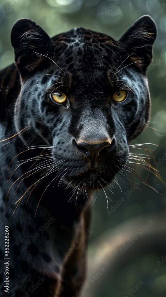 Obraz premium Black panther: A striking image of a black panther, showcasing its sleek, muscular form and piercing eyes, set against a dark, natural background to highlight its stealth and power. 