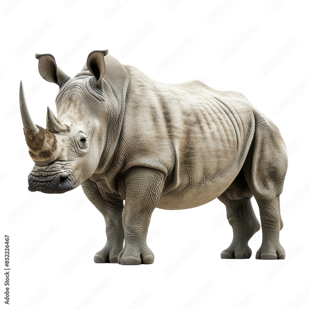 Obraz premium Large white rhinoceros standing with horn forward on transparent background clipart