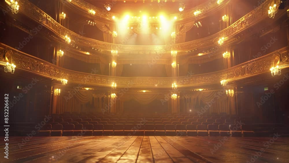Theater stage with a spotlight and dramatic lighting. Style of classical drama and performance. Style of classical architecture. Beautiful vintage interior of the theater. Theater musical performances