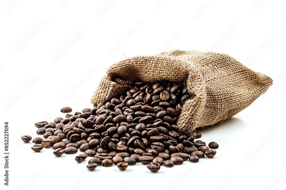Fototapeta premium Coffee Beans Spilling Out of Burlap Sack on White Background