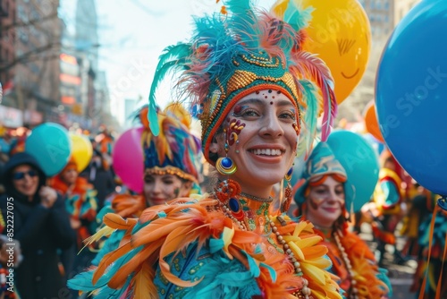 Joyful Participants in Colorful Costumes Marching in Thanksgiving Parade