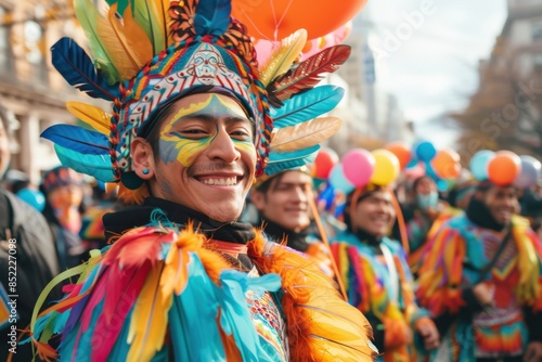 Joyful Participants in Colorful Costumes Marching in Thanksgiving Parade
