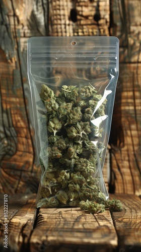A package of cannabis on a wooden table