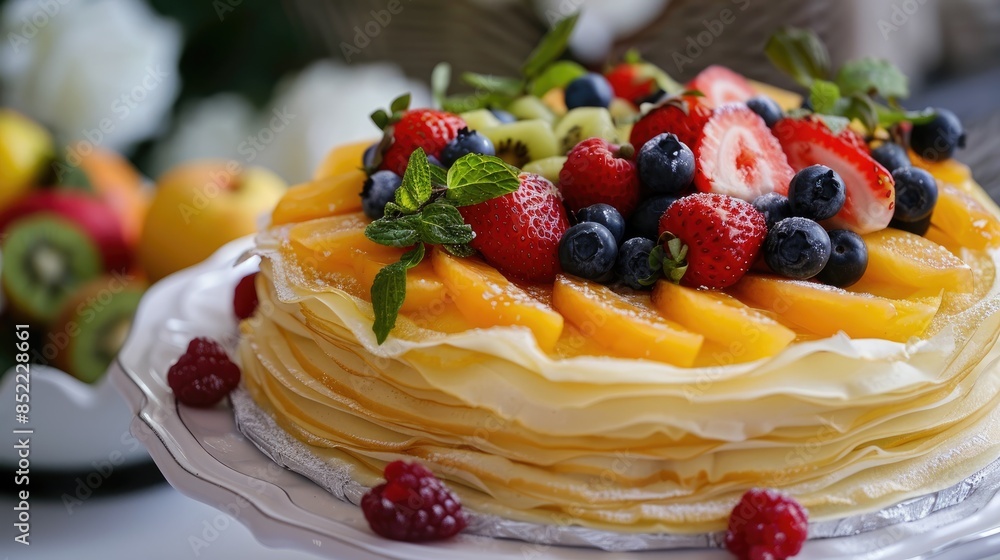 Delightful crepe cake adorned with fresh fruit on a white platter for special occasions Delightful crepe cake adorned with fresh fruit on a white platter for special occasions