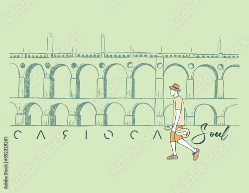 Hand-drawn vector illustration of urban landscape of the city of Rio de Janeiro, Brazil, with resident and their lifestyle. . Art in a stripped-down style, with simple lines.