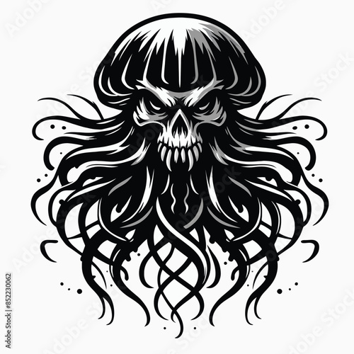 jellyfish mascot logo in black and white silhouette