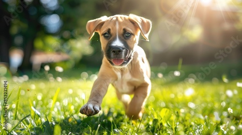 A Fawn and White Black Mouth Cur Puppy Having Fun Outdoors on a Sunny Day