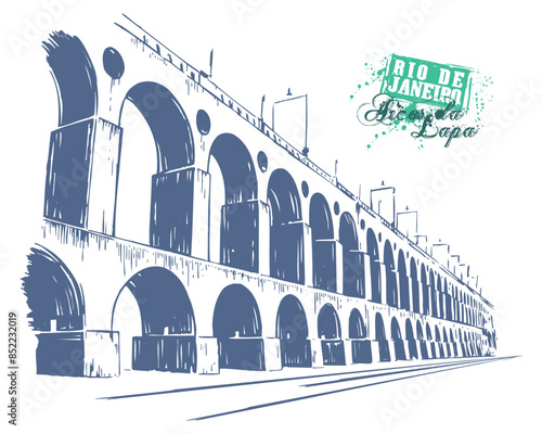 Vector illustration in stripped, hand-drawn strokes of Lapa's urban landscape, in the city of Rio de Janeiro, Brazil, in current times.
