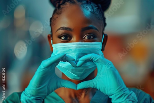 A Close-Up Portrait of a Black Woman Making a Heart Shape with Her Gloved Hands