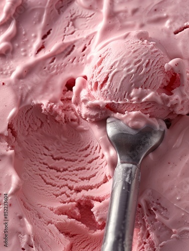 A picture of an ice cream scoop holding strawberry ice cream, a creamy recipe that tastes like summer