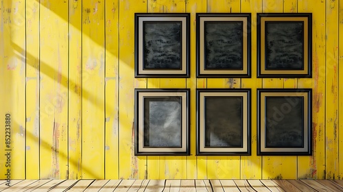 A rustic office with a bright yellow wall, displaying six medium-sized empty black frames in a vertical stack. photo