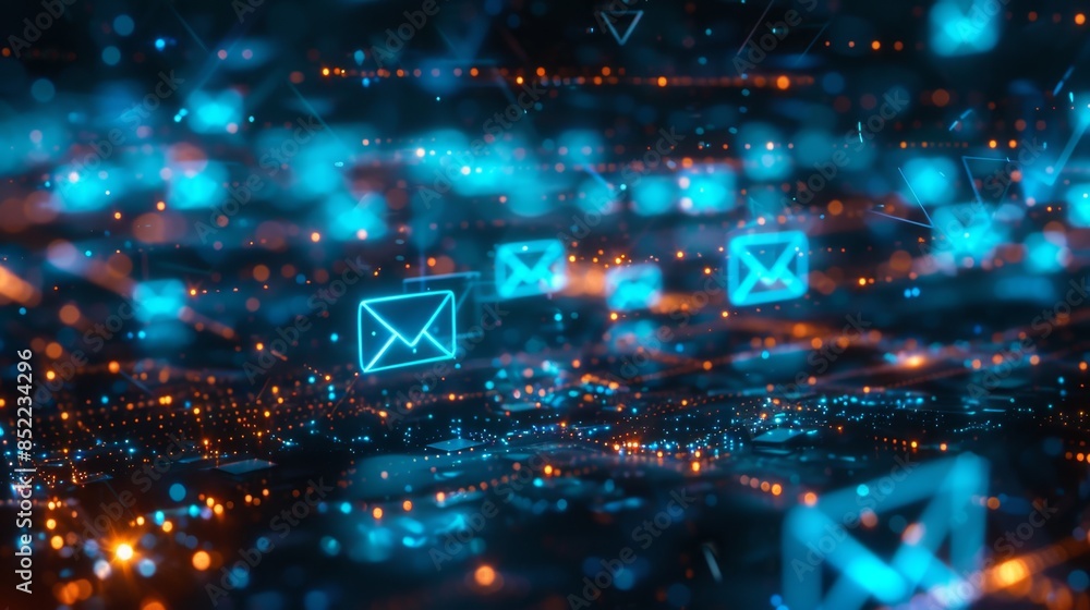 Fototapeta premium Abstract Digital Communication Network with Glowing Email Icons, Generative AI