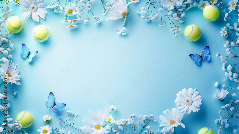 Tennis ball with pretty flowers and beautiful swallowtail butterfly, copy Blue banner background with space,Generative AI.テニスボールと可愛い花と綺麗なアゲハ蝶、コピー スペースのある青色のバナーの背景,Generative AI。 Tennis ball with pretty flowers and beautiful swallowtail butterfly, copy Blue banner background with space,Generative AI.テニスボールと可愛い花と綺麗なアゲハ蝶、コピー スペースのある青色のバナーの背景,Generative AI。