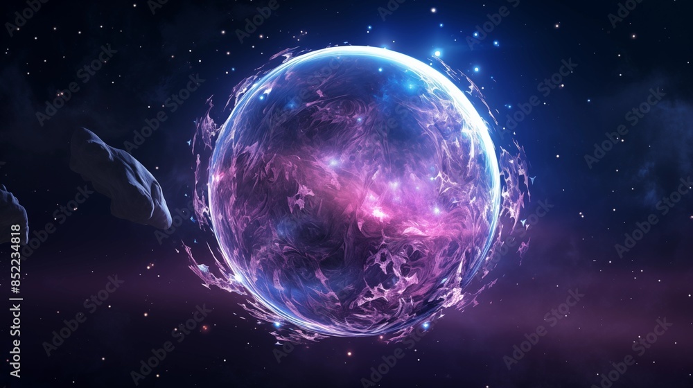 Obraz premium A Mesmerizing Celestial Sphere Illuminated with Vivid Galactic Colors in Deep Space