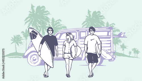Illustration in simple, laid-back lines of a group of surfers in a composition with an old car and coconut trees.