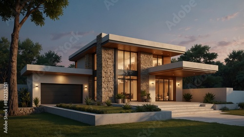 Design a minimalist modern house exterior influenced by the innovative style © Halloway