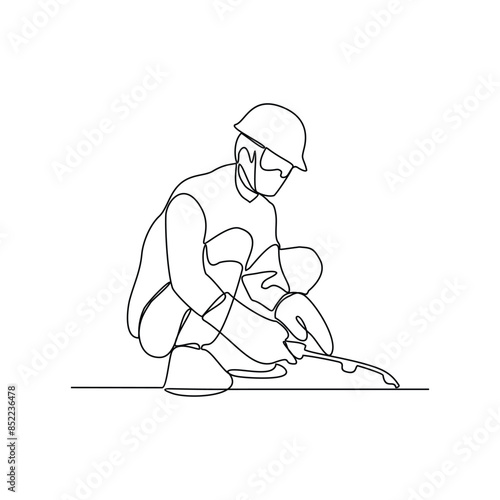 One continuous line drawing of a welder using welding machine in the construction project vector illustration. Welder activity in simple linear style design concept. Worker in construction project.