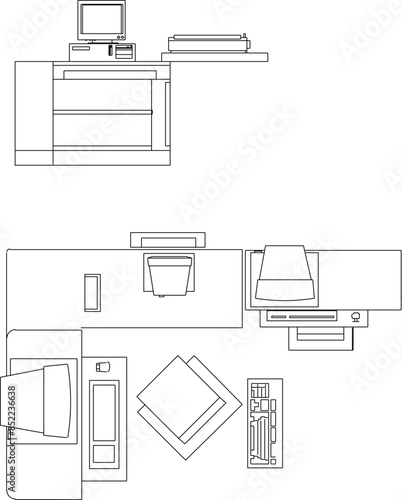 Vector silhouette illustration sketch of detailed design drawing of work desk furniture for office interior 