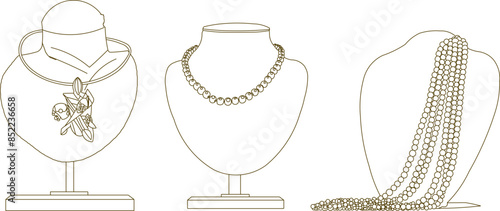 Vector silhouette illustration sketch of detailed design of gold necklace jewelry for display in shop window 