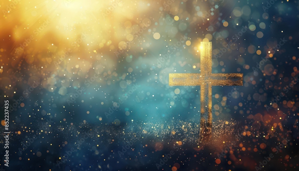 serene christian cross religious symbol of faith glowing on ethereal gold and blue background serene christian cross religious symbol of faith glowing on ethereal gold and blue background