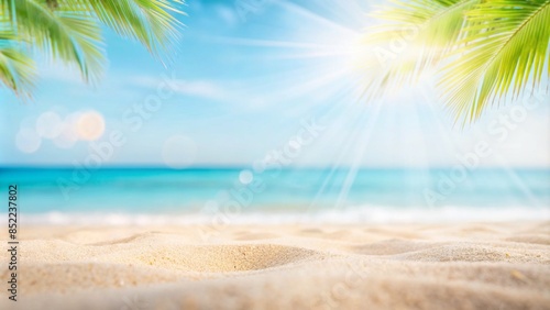 Beautiful wide paradise beach with golden sand and palm leaves in blur. Summer natur banner