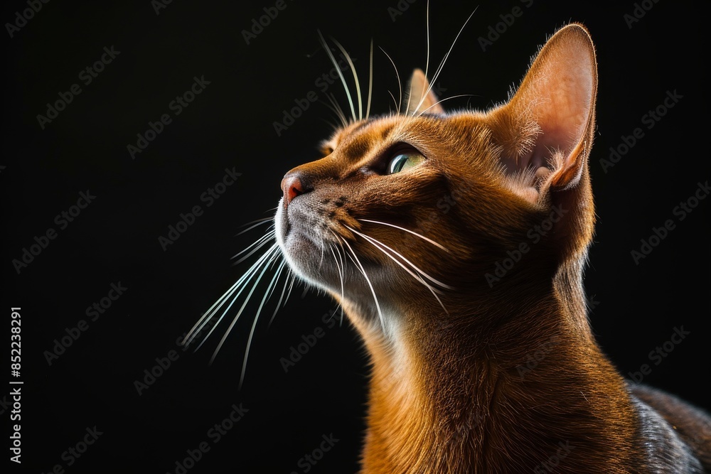 Mystic portrait of Abyssinian cat, copy space on right side, Headshot, Close-up View isolated on black background Mystic portrait of Abyssinian cat, copy space on right side, Headshot, Close-up View isolated on black background