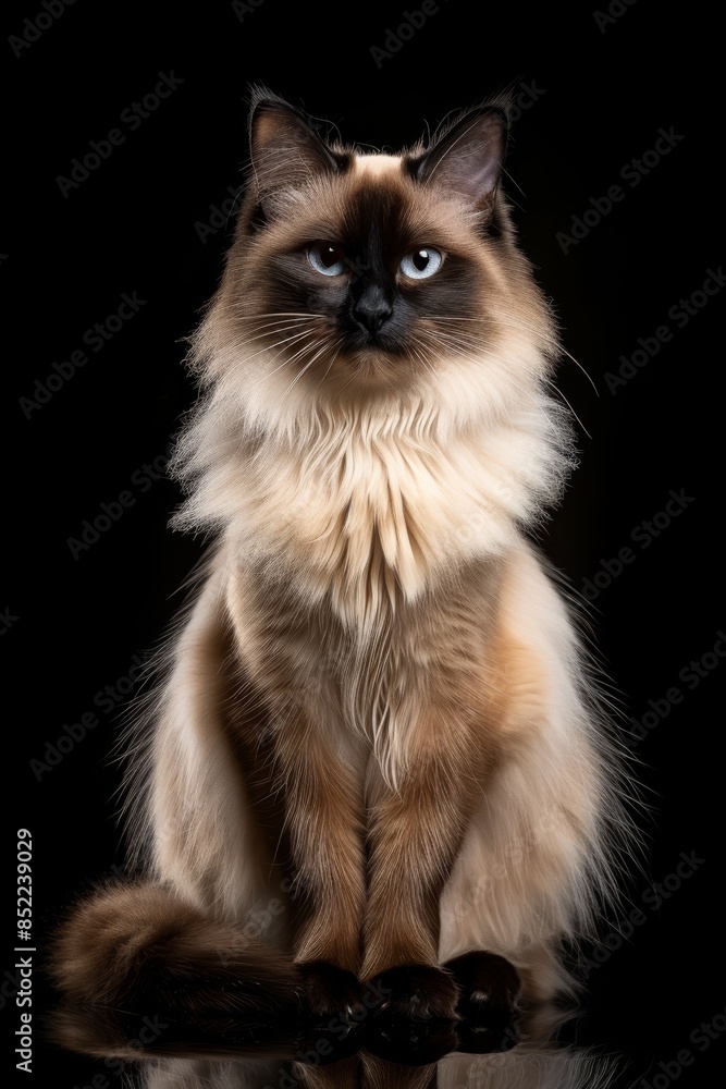 Mystic portrait of Balinese Cat, full body View isolated on black background Mystic portrait of Balinese Cat, full body View isolated on black background