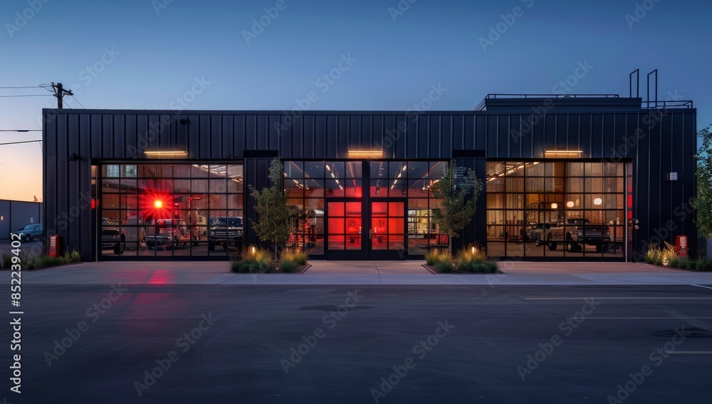 A large building with a red door and windows A large building with a red door and windows