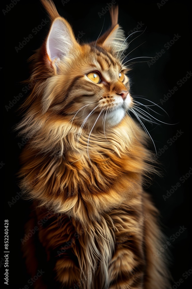 Mystic portrait of Maine Coon, full body View isolated on black background Mystic portrait of Maine Coon, full body View isolated on black background