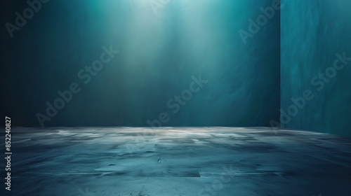  Empty Dark Blue Studio Background and Grey Floor Concrete perspective with blue soft light well editing Floor Display product and text present on Wall