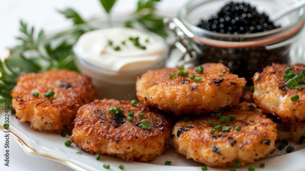 Caviar and cream, tater tots, served on an elegant silver platter Caviar and cream, tater tots, served on an elegant silver platter