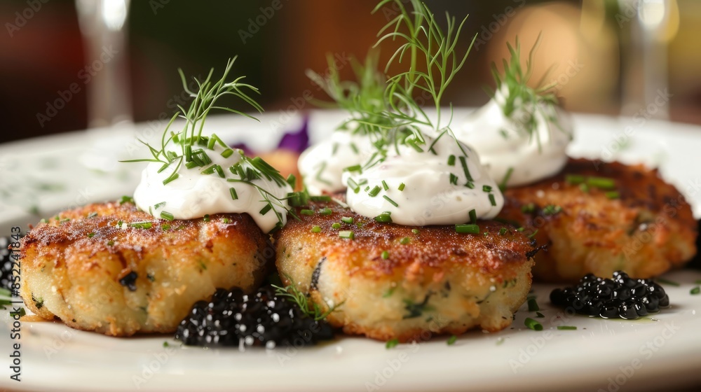 Caviar and cream, tater tots, served on an elegant silver platter Caviar and cream, tater tots, served on an elegant silver platter