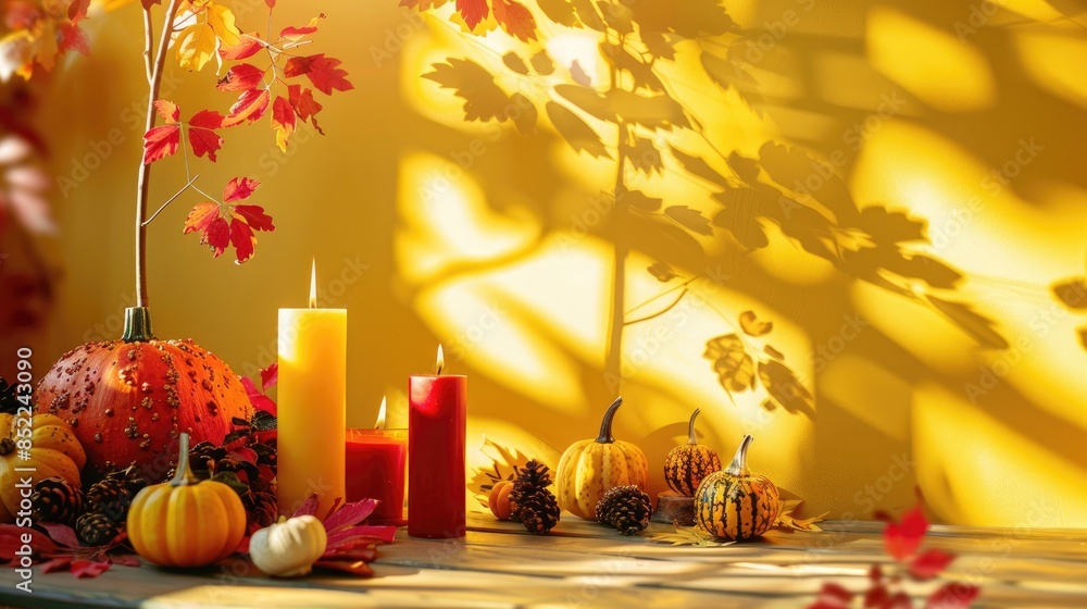 Autumn themed decor with burning candles on table near yellow wall Autumn themed decor with burning candles on table near yellow wall