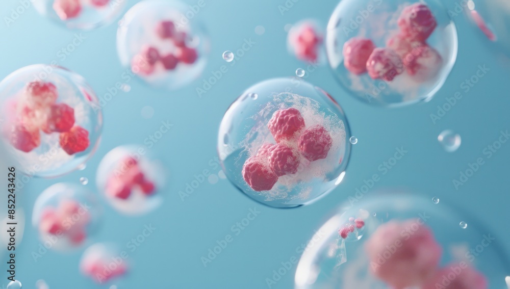 A bunch of pink and clear spheres with one of them being red A bunch of pink and clear spheres with one of them being red