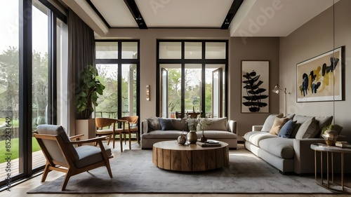 Wallpaper Mural Stylish home living room interior with relaxing and dining space, window. Torontodigital.ca