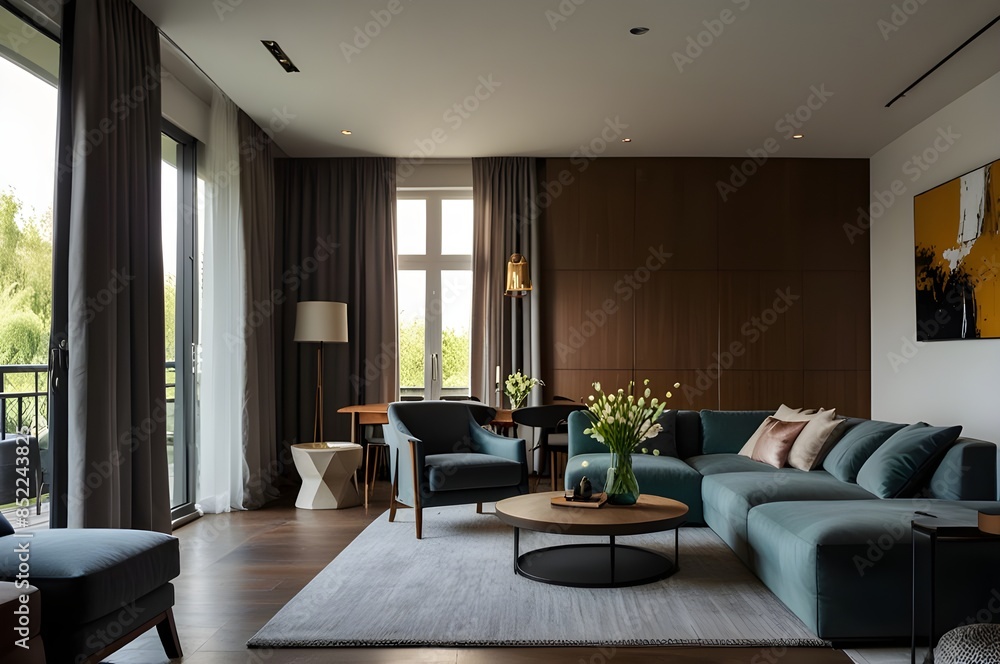 Fototapeta premium Stylish home living room interior with relaxing and dining space, window.