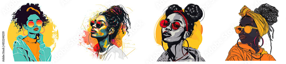Set of hipster black woman face abstract sketch design colorful minimal shapes and lines paint brush stroke, Concept for a fashion print, poster or t-shirt graphic, isolated on white background, png Set of hipster black woman face abstract sketch design colorful minimal shapes and lines paint brush stroke, Concept for a fashion print, poster or t-shirt graphic, isolated on white background, png