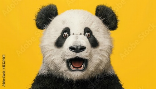 surprised panda reacting amazed and impressed cute animal portrait on yellow background digital painting photo