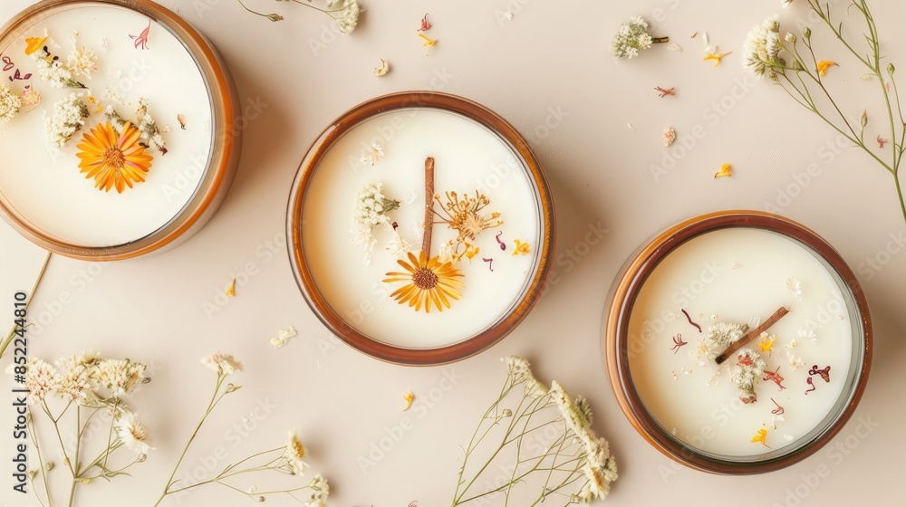 Handcrafted soy and coconut wax candle with wooden wick and dried flowers on beige background Flat lay top view Handcrafted soy and coconut wax candle with wooden wick and dried flowers on beige background Flat lay top view